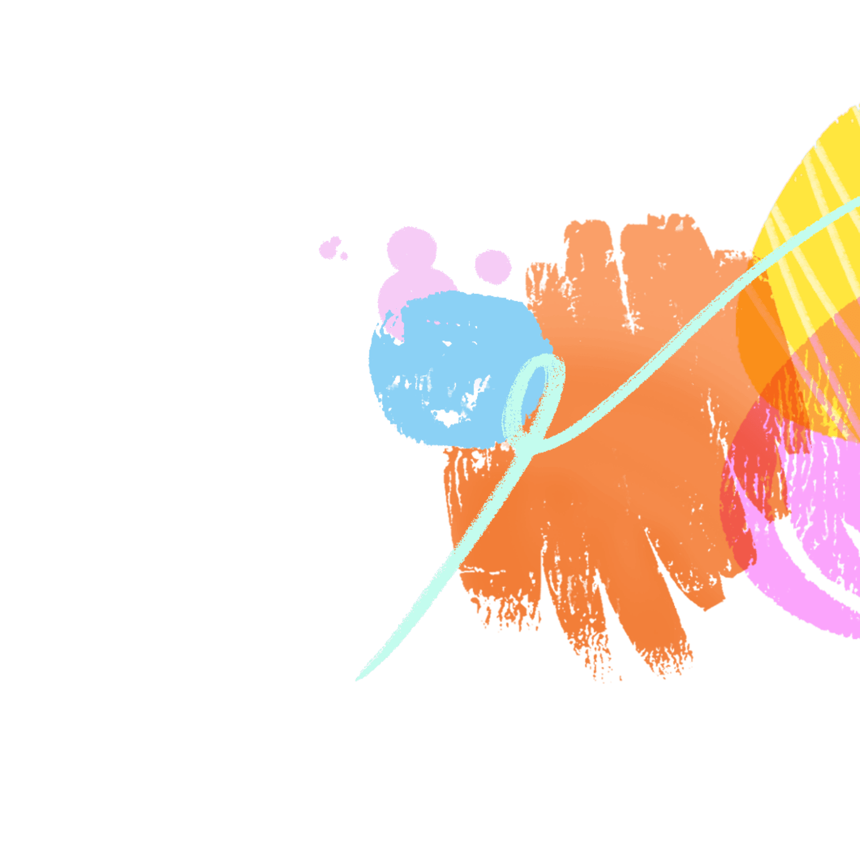 Abstract digital artwork featuring colorful paint strokes in orange, blue, pink, and yellow with a light aqua curved line on a white background.